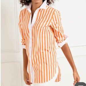 Talbots Orange White Striped Boyfriend Fit Button Down Poplin Shirt Sz 1X Cotton